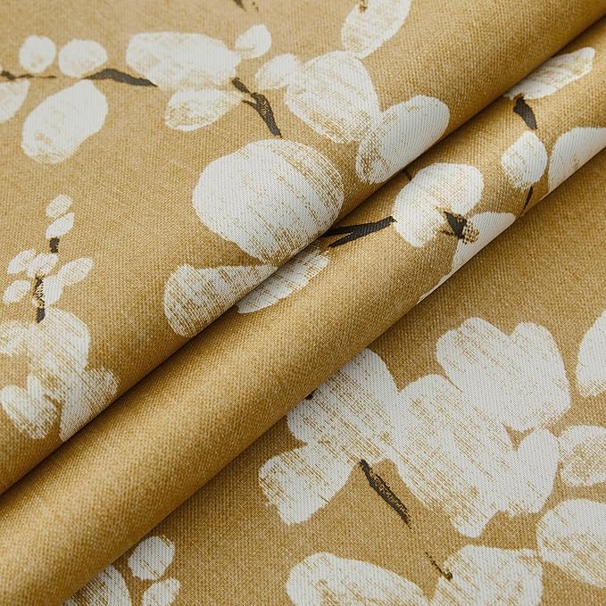 FMFUNCTEX 100% Blackout Floral Curtains for Living Room, Mustard Yellow Curtain 96 inches Long Blossom Patterned for Bedroom, Thermal Insulated Farmhouse Drapes, Grommet Top 2 Panels (White on Yellow)