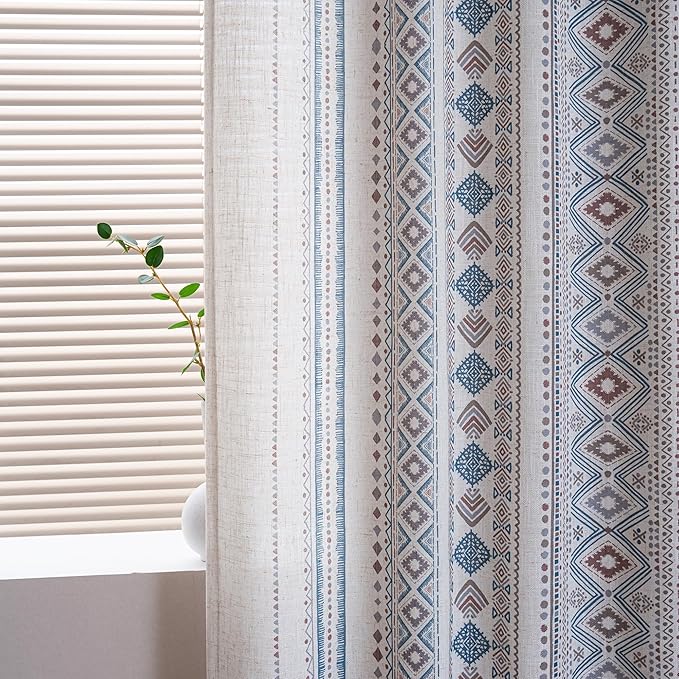 MYSKY HOME Curtains 84 inches Long for Living Room Boho Linen Sheer Drapes Geometric Farmhouse Decor Light Filtering Privacy Protect Soft Touch Treatment Back Tab for Home, 50" Wide, Khaki, 2 Panels