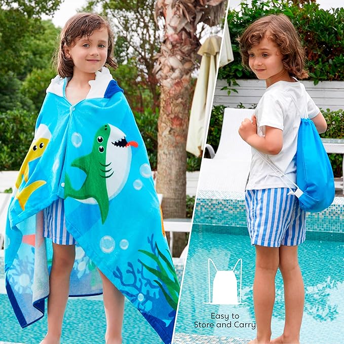 Joiedomi Shark Hooded Towels for Kids Soft 100% Cotton Kids Beach Towel 30" x 50" for 3-10 Years Boy Girl Beach Hooded Poncho Absorbent Pool Toddler Swim Bath Wrap