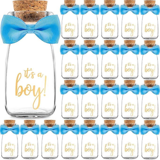 Ethisa Vintage 24 Pack It's a Boy Milk Glass Bottles with Ribbons and Stickers - Classy Baby Shower Favors for Guests and Table Centerpieces - Gender Reveal Boy Decorations - Baby Shower Candy Jar