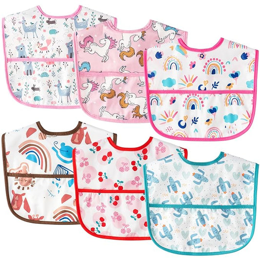 2ooya Baby Bibs for Eating - 6Pcs Toddler Waterproof Feeding Bibs with Crumb Catcher Pocket Adjustable Sleeveless Teething Plastic Food Bib Set Infant Keepsake Gift for Baby Shower, 6-24 Months