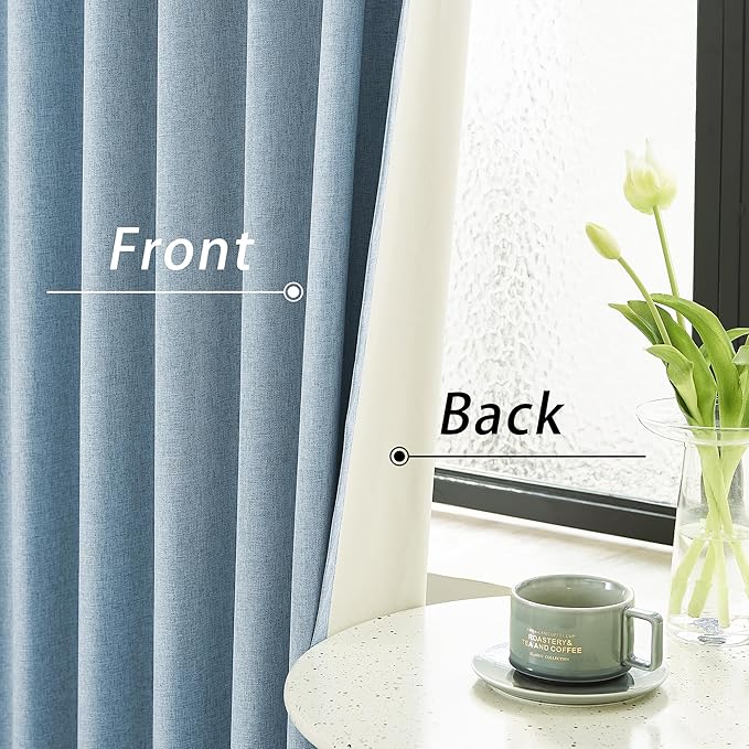 DUALIFE Full Blackout Slate Blue Curtains 63 Inch Long Linen Textured Curtains Thermal Insulated Heat Blocking Noise Reducing Vintage Drapes for Nursery Bedroom Rod Pocket&Back Tab 2 Panels 50W x 63L