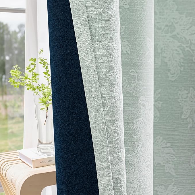 FMFUNCTEX Sage Green Floral Jacquard Blackout Curtains 90 Inches Long for Bedroom, Scroll Flower Chenille Farmhouse Curtain for Living Room Darkening Thermal Insulated Grommet Window Drapes 2 Panels