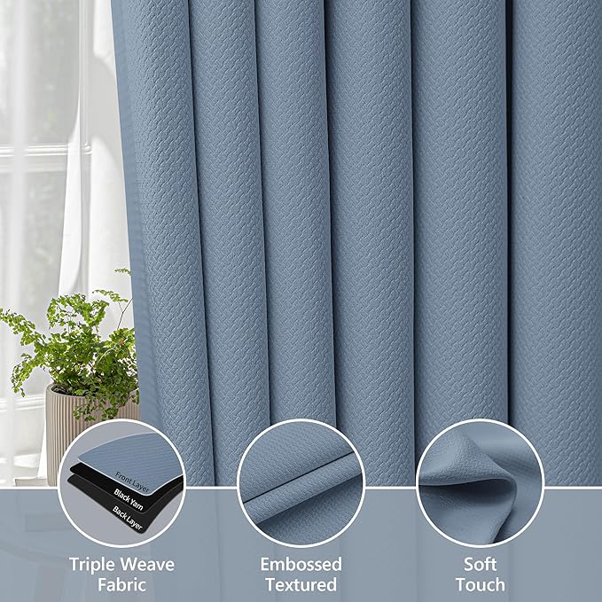 FMFUNCTEX 100% Blackout Curtains for Bedroom, Slate Blue Back Tab Curtain 96 Inches Long Drapery Thermal Insulated Curtains for Living Room, Black Out Drapes Rod Pocket Room Darkening 2 Panels