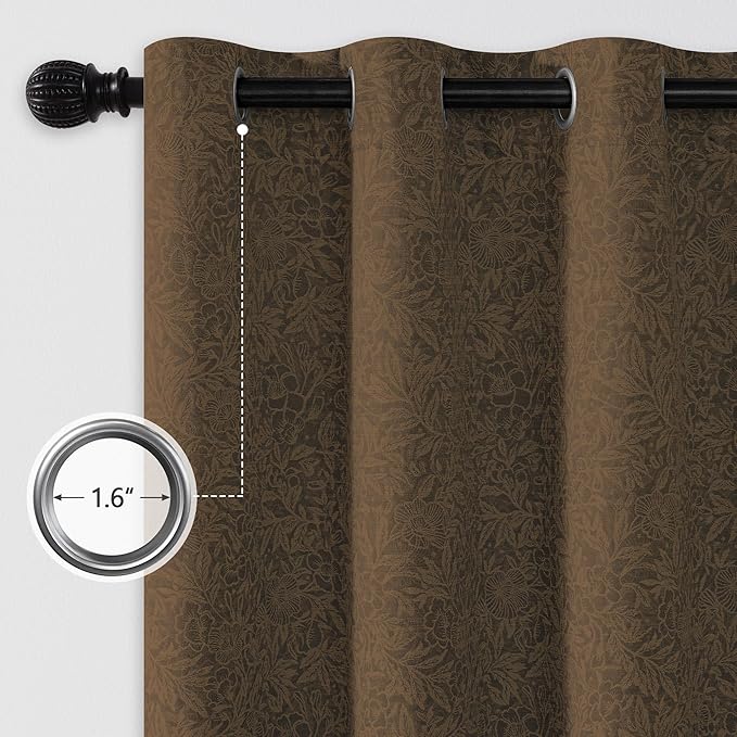 Metro Parlor Brown Floral Blackout Curtains 63 Inch Length for Bedroom, Jacquard Chenille Patterned Vintage Flower Curtains for Living Room Darkening Thermal Insulated Grommet Window Drapes, 2 Panels