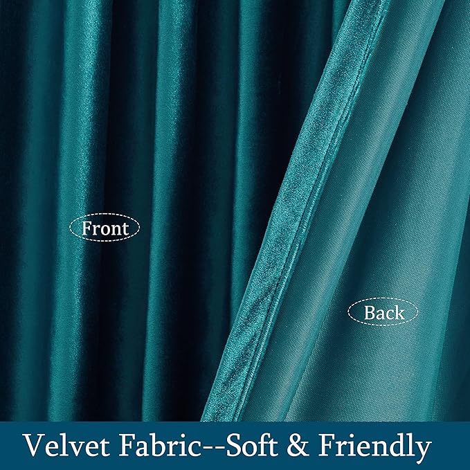 PRIMROSE Teal Velvet Curtains 63 inch Long for Living Room,Set of 2 Panels Blackout Rod Pocket Back Tab Window Treatment Room Darkening Heavy Decorative Curtains Drapes for Bedroom