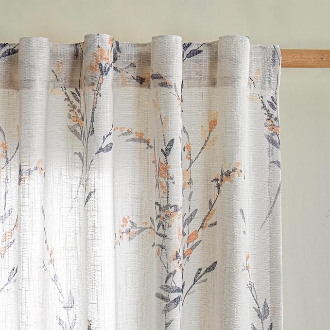 MYSKY HOME Living Room Curtains 95 Inch Length Semi Sheer Curtain Linen Look Floral Farmhouse Light Filtering French Country Window Curtain Panels for Dining Room, Yellow, 2 Pcs