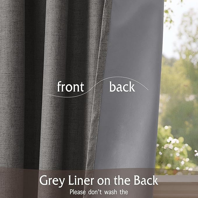 RYB HOME 100% Blackout Linen Textured Curtains 108 inches Long, Thermal Insulating Privacy Energy Saving for Bedroom Living Room Window Office Theater Baby Nursery, W 52 x L 108 in, Grey, 2 Panels