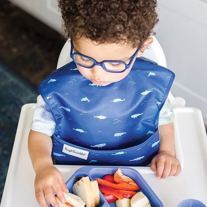 Tiny Twinkle Mess-Proof Baby Bibs for Eating | Waterproof, Wipeable Toddler Bibs with Catch-All Pocket | Feeding Bibs for Girls & Boys(3 Pack,Sea, Dino)
