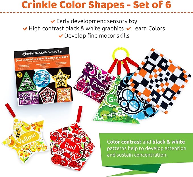 BabyBibi High Contrast Crinkle Paper Shapes - Baby Sensory Toys for Visual Development, Tummy Time - Crib, Stroller & Car Seat Crinkle Toys for Babies & Infants 3 Months+