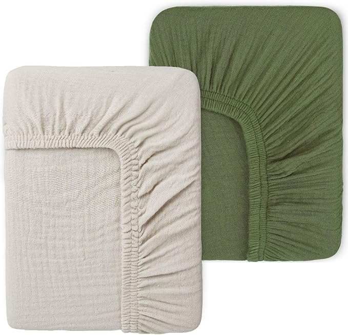 PET REJOIR Muslin Fitted Crib Sheets for Girls & Boys-2 Pack 28"x 52" Soft Baby Mattress Sheet-No Slip Boho Neutral Breathable Toddler Cotton Bedding Olive Green & Beige