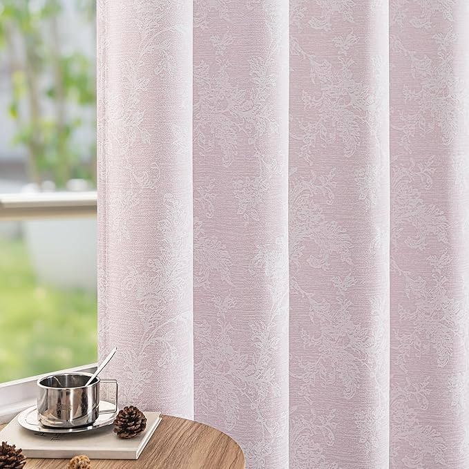 FMFUNCTEX Pink Floral Jacquard Blackout Curtains 63 Inch Length for Girls Bedroom, Scroll Flower Chenille Farmhouse Curtains for Nursery Room Darkening Thermal Insulated Grommet Window Drapes 2 Panels