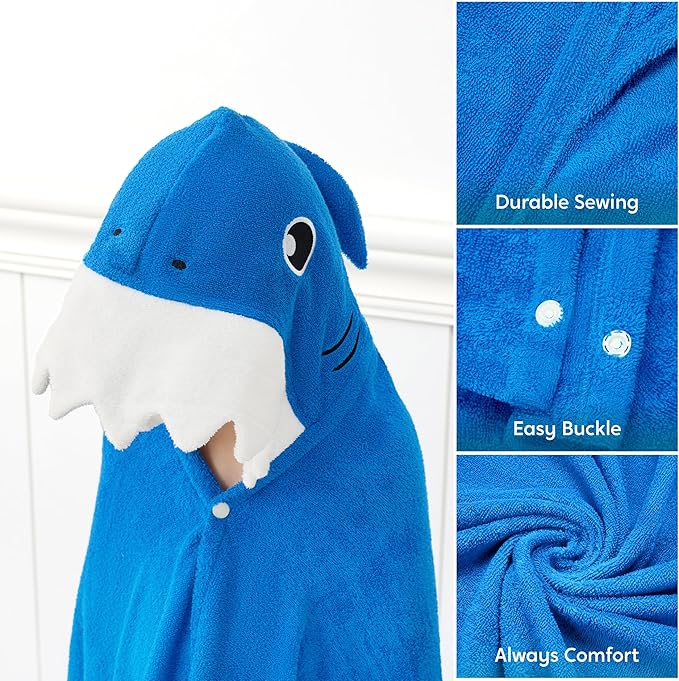 Joiedomi Shark Hooded Towel for Kids Soft 100% Cotton Bath Beach Towel 30" x 50" for Kids 3-10 Years Toddler Pool Poncho with Hood Absorbent Swim Wrap for Boys Girls