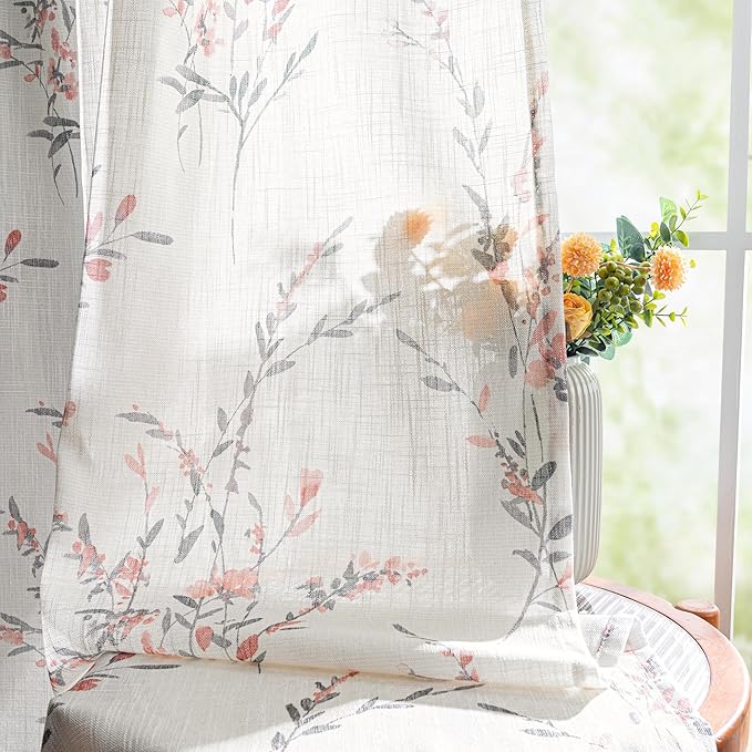MYSKY HOME Sheer Linen Curtains 45 inch Long for Bedroom Kitchen Floral Curtain Panels Semi Vertical Drapes Flower Style Texture for Home Decor Light Soften Privacy, Coral, Pack-2