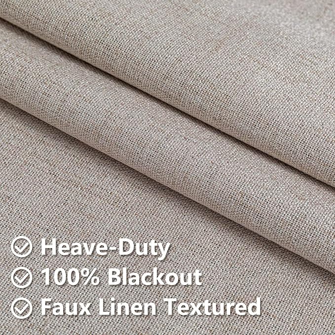 100% Blackout Curtains 84 inch Length 1 Panel Faux Linen Long Drapes for Bedroom Living Room Black Out Room Darkening Curtain Thermal Insulated Back Tab Rod Pocket(W100 x L84, Light Beige)