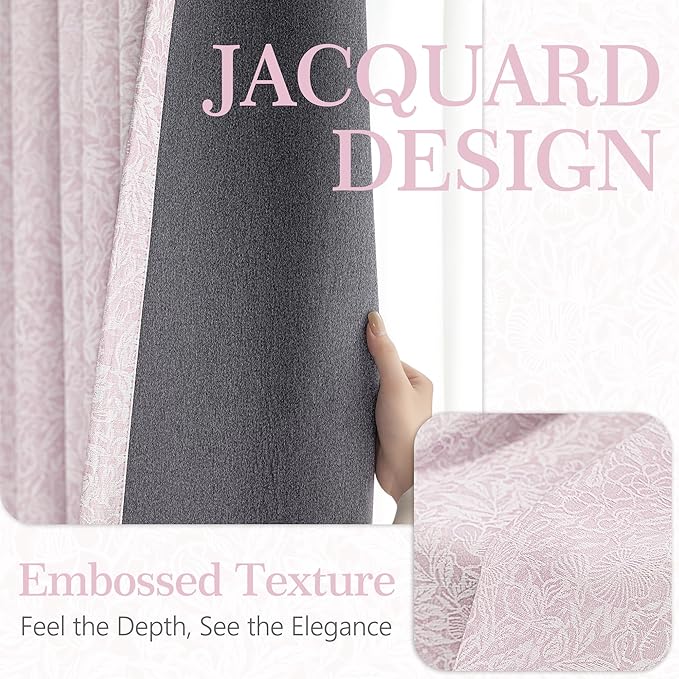 Metro Parlor Pink Floral Blackout Curtains 84 Inches Long for Bedroom, Jacquard Chenille Patterned Vintage Flower Curtains for Living Room Darkening Thermal Insulated Grommet Window Drapes, 2 Panels