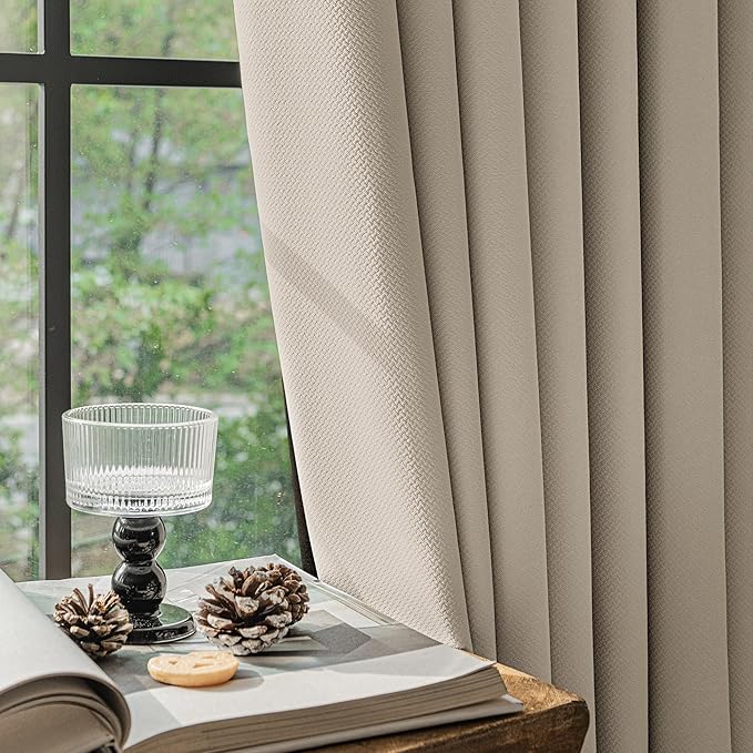 FMFUNCTEX 100% Blackout Curtains for Bedroom, Khaki Curtains 84 Inches Long Textured Thermal Insulated Curtains for Living Room Drapes, Black Out Drapery Grommet Room Darkening 2 Panels