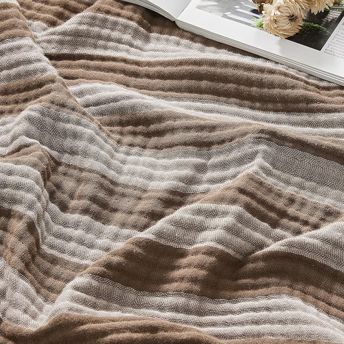 EMME Cotton Muslin Queen Blanket Bed Layering Bedspread Coverlet Breathable Gauze Soft Lightweight Adults (Striped Brown, 90"x90")