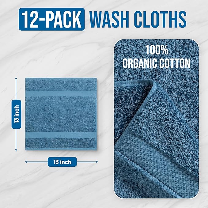 Organic Cotton Wash Cloths Plush Feather Touch Quick Dry Wash Cloths Pack of 12 GOTS & Oeko- TEX Certified | Premium Soft, Absorbent, Small Hand Face Towels Wash Rags– Turquoise