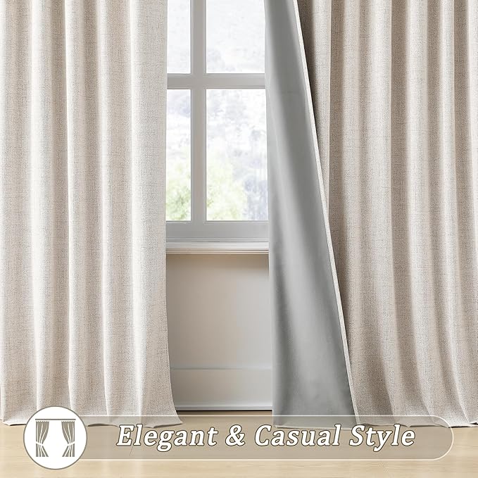 RAIN CITY Extra Wide Curtains 96 Inch Long 2 Panels,Floor to Ceiling Boho Noise Reduction Window Burlap Track System Curtain Panels for Country Villa Back Tab Pleat Tape with Hooks,Linen Beige 70x96