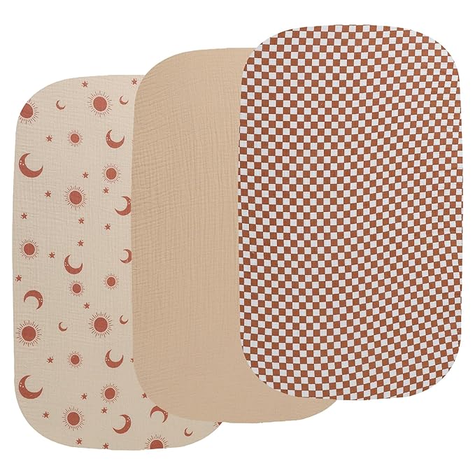 Onacosht Muslin Bassinet Sheets 3 Pack, 100% Cotton Baby Fitted Sheet 33" x 19" Compatible with Mika Micky, KoolaBaby (3 in 1), BabyBond, HARPPA and RICUTON Bedside Bassinet, Checker and Sun Moon