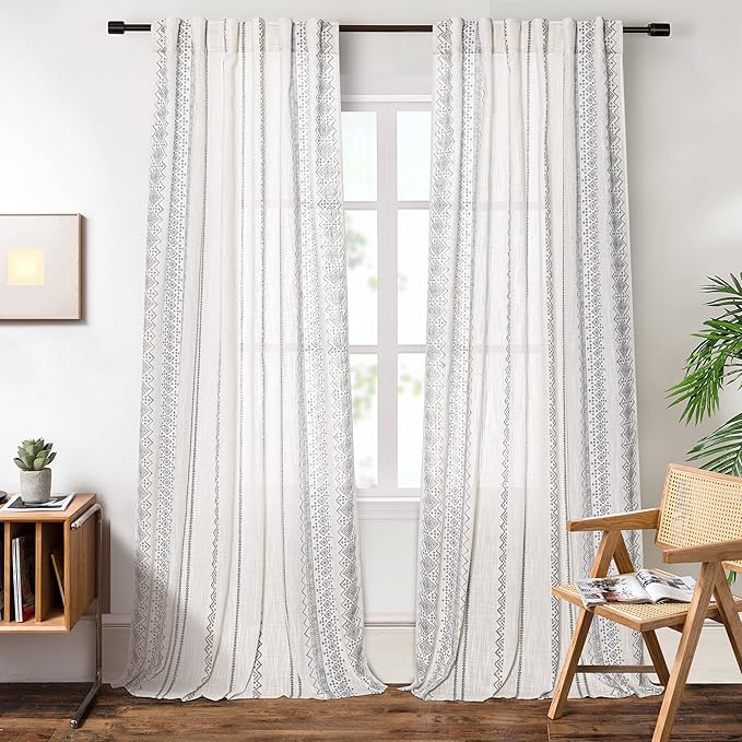 MEETSKY Light Filtering Curtains 95 Inches Long Boho Cotton Curtains for Dining Room Bohemian Geometric Printed Linen Style Burlap Effect Modern Back Tab Window Drapes for Home