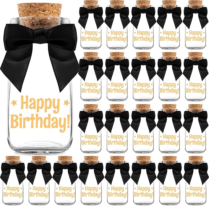 Ethisa Vintage 24 Pack Adult Birthday Party Favors Glass Bottles with Ribbons and Stickers - Classy Happy Birthday Favors and Table Centerpieces Decorations - Sturdy Candy Jar for Guests