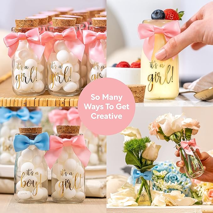 Ethisa Small 24 Pack It's a Girl Milk Glass Bottles with Ribbons and Stickers - Vintage Baby Shower Favors for Guests and Table Centerpieces - Girl Baby Shower Decorations - Sturdy Thank You Candy Jar