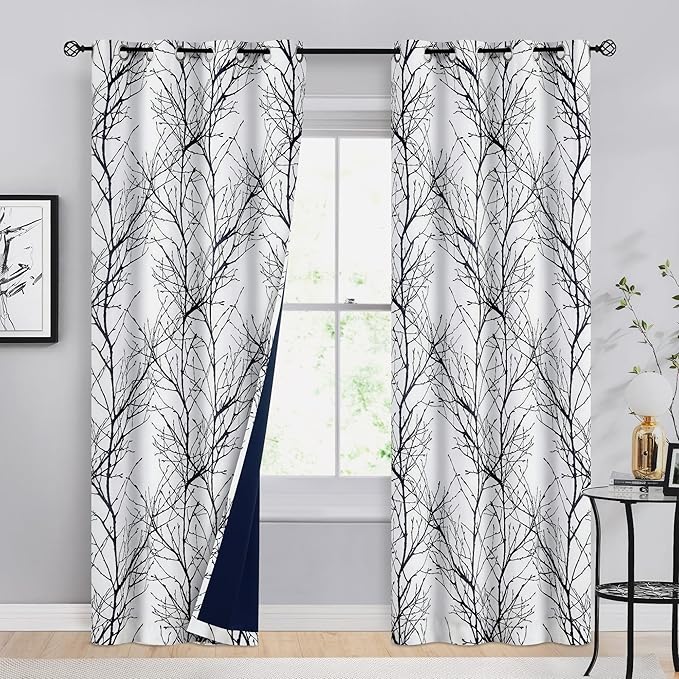 FMFUNCTEX 100% Blackout Curtains 84 Inches Long for Bedroom, Black White Thermal Insulated Room Darkening Patterned Curtains, Modern Tree Branch Drapes for Living Room,Grommet Top 2 Panels Set