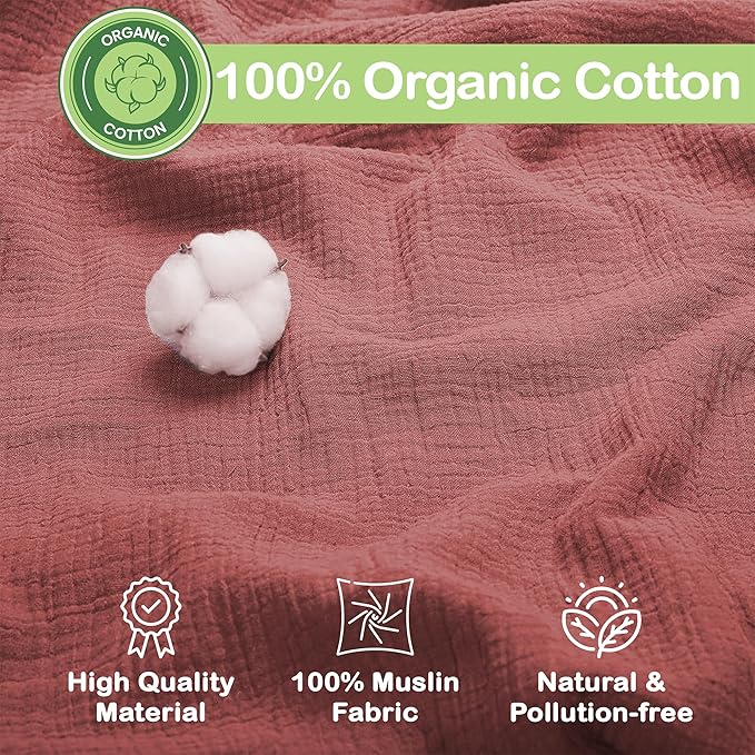 100% Organic Cotton Muslin Baby Blanket - 47 x 47 Inch Breathable Swaddle Blankets, Hypoallergenic Double-Layer, Soft and Cozy Newborn Baby Blanket for Sleeping and Everyday Use (Rust/Ivory)