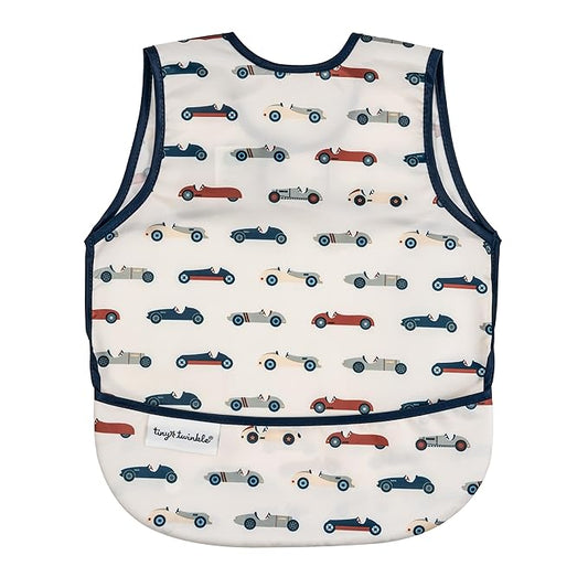 Tiny Twinkle Mess Proof Baby Bib for Girls | Waterproof Toddler Bib for Eating | Baby Apron for Feeding | Machine Washable | Perfect Shower Gift (Vintage Cars, 6–24M)