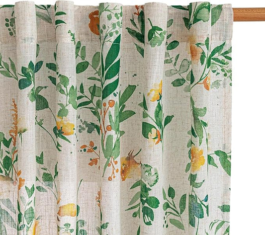MYSKY HOME Floral Linen Curtains 84 Inch Long Set of 2 for Living/Dining Room, Sage Green Curtains Semi Sheer Light Filtering Farmhouse Flower Patterned Back Tab Drapes, 50" Wide Each Panel