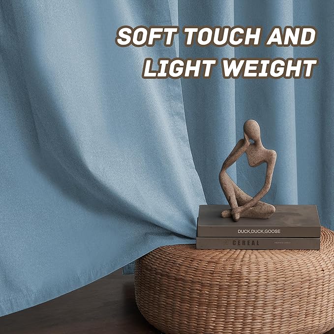 Light Weight Curtains 100% Blackout Linen Textured Curtains 96 Inch Length for Living Room, Bedroom, Full Blackout Curtains with Grommets Top, Light Blue, 37" W x 96" L, 2 Panels
