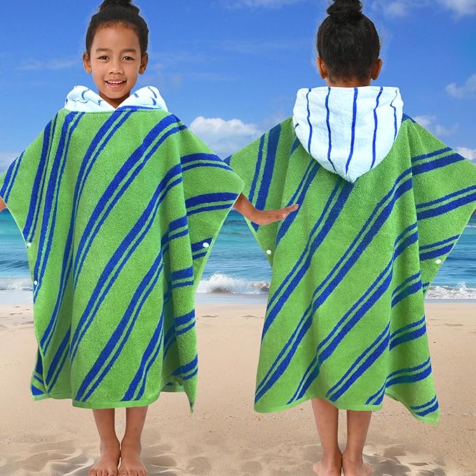 VOOVA & MOVAS Kids Hooded Poncho Towels (4-8Years,27.5"x27.5"),100% Cotton Soft Absorbent Towel for Boys,Perfect for Bathroom | Pool | Beach | Swimming, Jacquard Green Stripe
