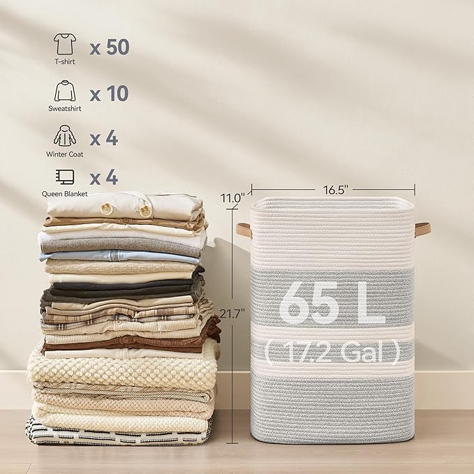 Laundry Hamper,Laundry Basket with Leather Handles,Woven Storage Basket for Toys,Pillows,Blankets,Clothes,Grey&White