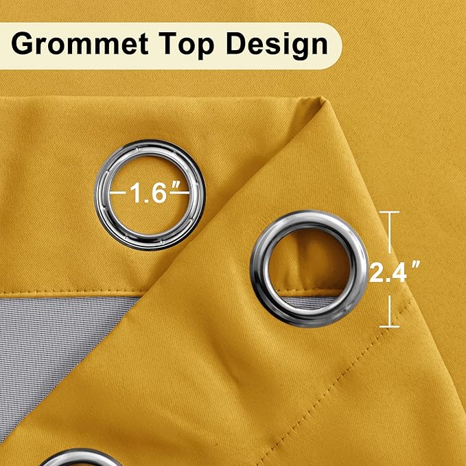 XWZO 100% Blackout Window Curtains - Thermal Insulated & Noise Reduction Black Liner Ring Top Window Treatment Sewn with Tiebacks for Bedroom/Living Room, Yellow, W52 x L63, Set of 2