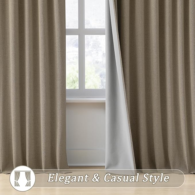 Linen Brown Blackout Curtains 132 Inch Long 11ft Pleated Look Hidden Tab Drapes with Hooks High Living Room Linen Blend Sound Reducing Wall Tall Curtains for High Ceiling Long Window W50xL132