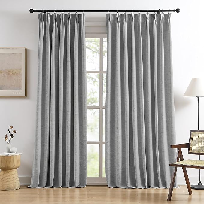 RAIN CITY 94 Inch Long Blackout Curtains 2 Panels Set,70 Inch Wide Back Tab Pleated Curtains with Hooks Track System,Energy Efficinet Linen Blend Drapes for Dining Room Hoom Office 70x94,Grey