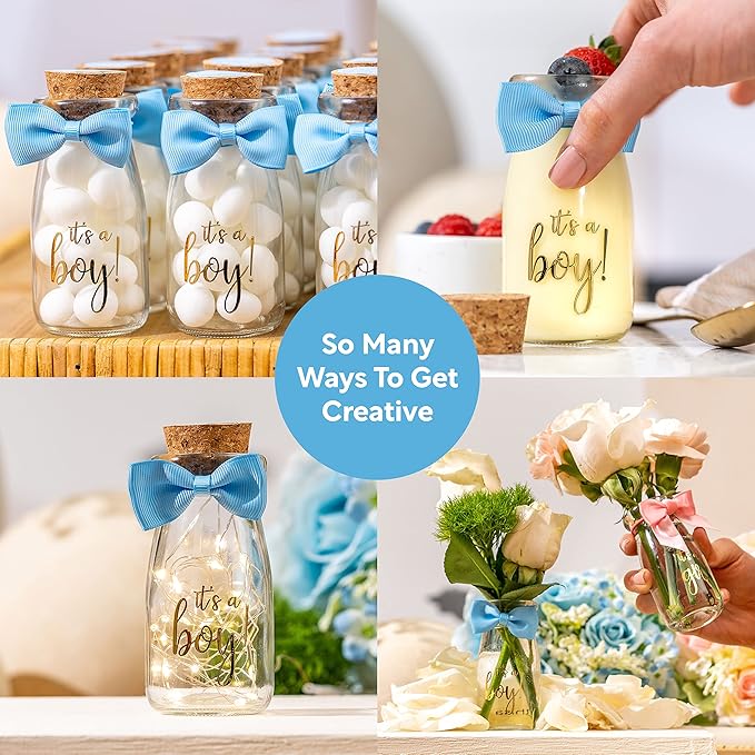 Ethisa Vintage 12 Pack It's a Boy Milk Glass Bottles with Ribbons and Stickers - Classy Baby Shower Favors for Guests and Table Centerpieces - Gender Reveal Boy Decorations - Baby Shower Candy Jar