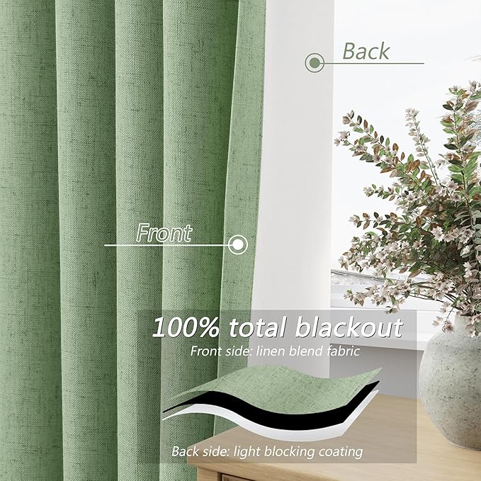 Guken 100% Blackout Linen Curtains 84 Inch Length 2 Panels Set for Living Room Bedroom Back Tab Thermal Insulated Black Out Linen Drapes Room Darkening Window Curtains 84 Inches Long,Light Sage