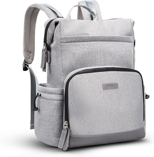 VONAL Neoprene Diaper Bag Backpack with Changing Pad, 33L Large Capacity Neoprene Backpack Baby Diaper Bag with Insulated Pockets, Travel Diaper Backpack Baby with 12 Pockets for Mom & Dad, Gray