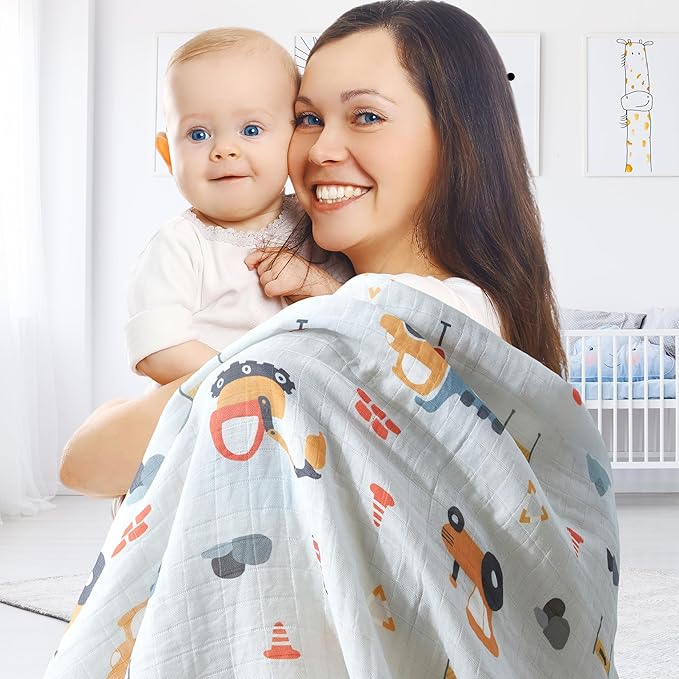 4-Pack 100% Cotton Muslin Swaddle Blankets, Large 47 x 47 Inches — Breathable Soft Receiving Blankets for Newborns, Swaddling Wraps, Registry Gift (Construction Car Adventure)