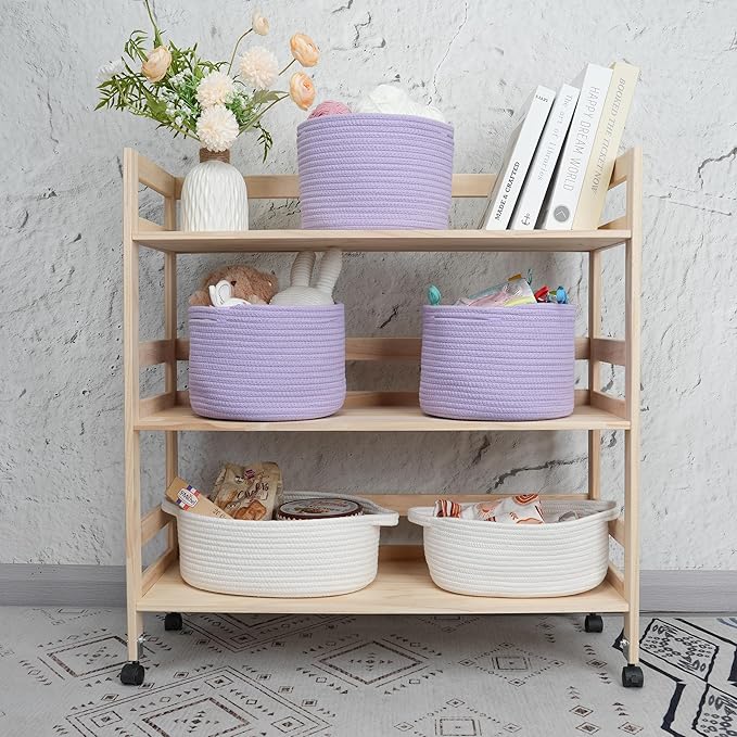 Small round Storage Basket - 3-Pack Round Cube Bins (10x10x7'') for Shelves, Closets & Bookcases | Durable Rope Organizers for Nursery, Baby, Toys, Easter & More (purple)