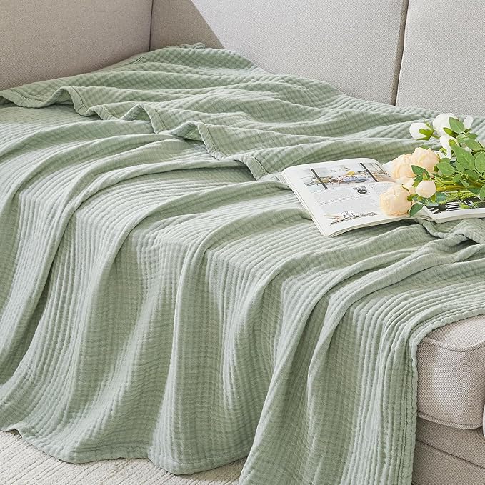 EMME Cotton Muslin Queen Blanket Bed Layering Bedspread Coverlet Breathable Gauze Soft Lightweight Blankets Adults (Heather Sage Green, 90"x90")