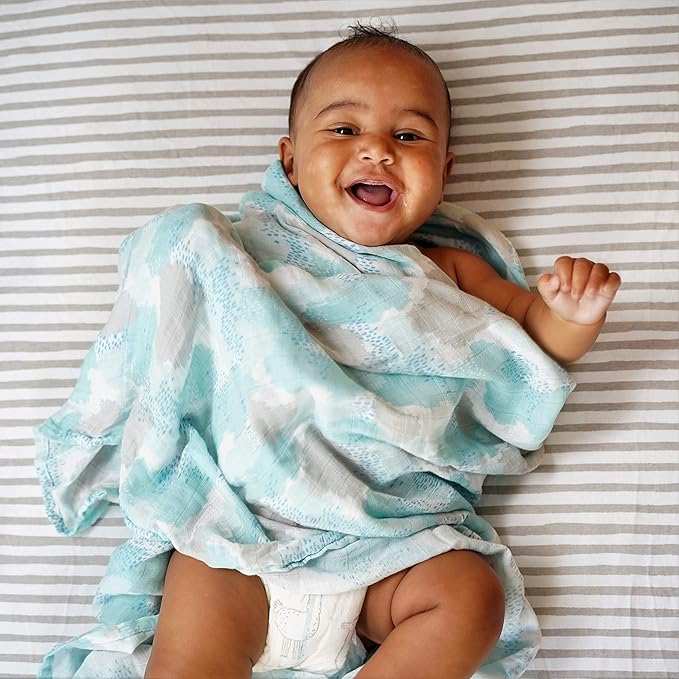 Ely’s & Co. Waterproof Pack and Play/Mini Crib Sheets – All-in-One Mattress Protector and Fitted Playard Sheets – Jersey Cotton – Grey Splash & Stripes, Gender Neutral Nursery Bedding – 2-Pack