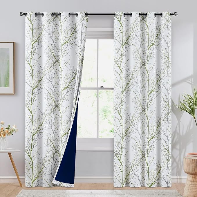 FMFUNCTEX 100% Blackout Curtains for Bedroom, Sage Green Branch Curtains 96 Inch Length Tree Print Curtain Panels for Living Room, Room Darkening Thermal Insulated Window Drapes 2 Panels Grommet Top
