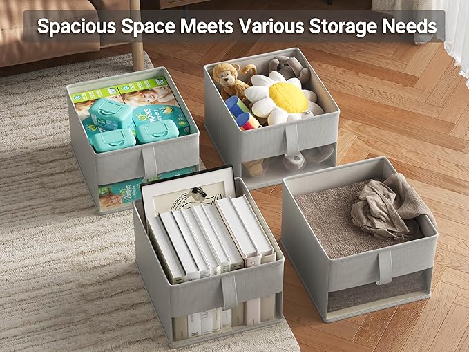 Foldable Storage Bins with Clear Window, Fabric Organizer for Closet, Shelves & Cubes - Breathable, Odor-Free Storage Boxes for Towels, Clothes, Toys, Books - 11.5 * 8.75 * 6.5in, Gray, 3-Pack