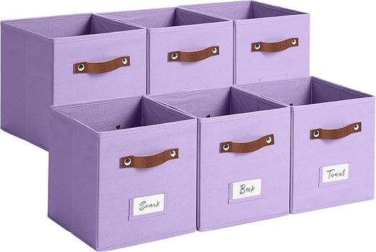 10.5 Inch Storage Cubes with Labels, 6-Pack Non-Woven Fabric Bins with Handles, Foldable Organizer for Closet, Shelf, Bedroom, Nursery & Home Organization (Purple)