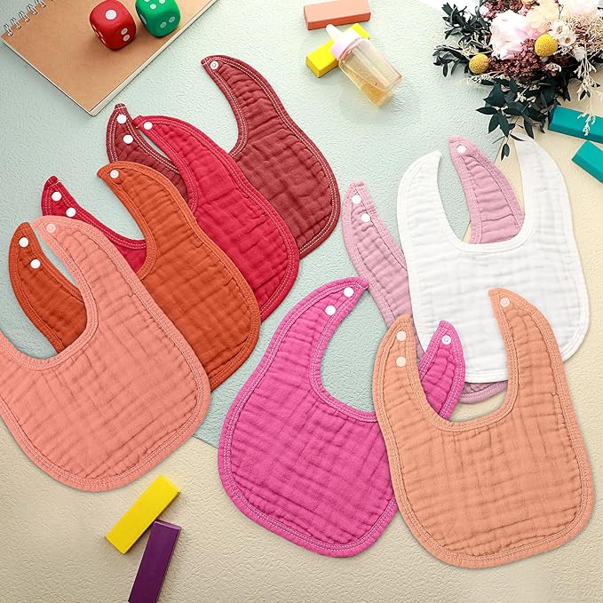 Frienda 8 Pcs Muslin Baby Bibs Cotton Bandana Drool Bibs Bulk for Newborn Infant 6 Absorbent Layers Feeding Accessory