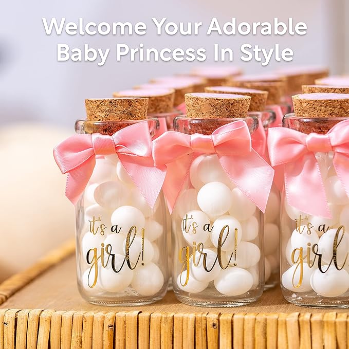 Ethisa Small 24 Pack It's a Girl Milk Glass Bottles with Ribbons and Stickers - Vintage Baby Shower Favors for Guests and Table Centerpieces - Girl Baby Shower Decorations - Sturdy Thank You Candy Jar